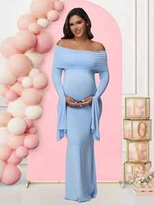 Slim fit off-shoulder maternity evening gown in light blue with flare sleeves and side slit