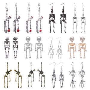 Set of 12 gothic skeleton drop earrings in gold, silver, bronze and black alloy