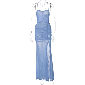 Detail of blue mesh maxi dress with side slit and ruched fabric on a clear mannequin