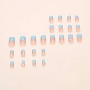 Press on nails 24pcs with light blue to peach pink gradient and gold sequins