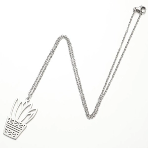Minimalist silver stainless steel long necklace with geometric cactus plant pendant