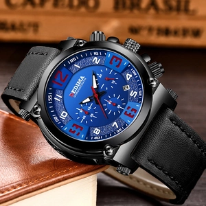 Men's chronometer watch with blue dial and black leather strap on vintage background