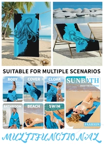 Blue octopus beach towel showing multi-use scenes like surf wrap, yoga mat and bath towel