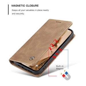 Brown leather flip case detail showing secure magnetic closure and built-in magnet design