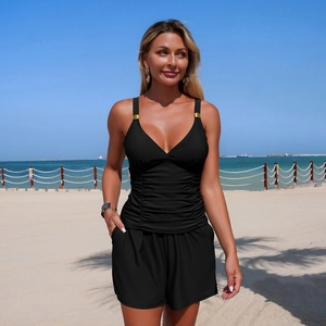 Maillot de bain tankini deux pièces noir avec col en V, taille froncée et boucles dorées
