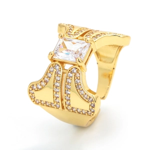 Elegant gold adjustable ring with geometric square zircon and micro-pave crystals