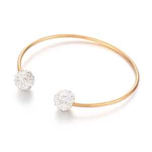 Minimalist gold titanium open cuff bracelet with dual pavé crystal balls in 45-degree view
