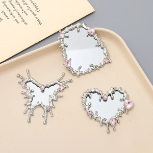Y2K liquid metal heart mirror charms with pink crystals for DIY jewelry making accessories