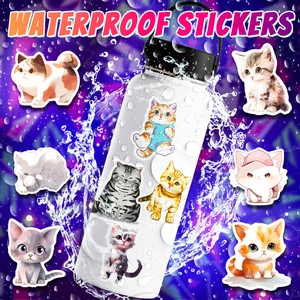 Waterproof watercolor cat stickers shown applied to a water bottle with water droplets
