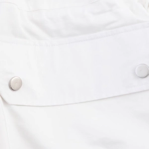 White twill high-neck jacket featuring silver metal buttons and waist cinching detail