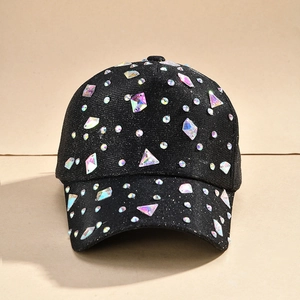 Fashionable black baseball cap with colorful rhinestones and premium twill fabric
