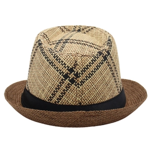 Vintage short brim linen fedora with checkered weave and dark decorative band