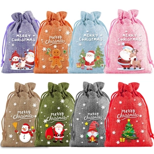 Christmas Drawstring Gift Bags Linen Burlap Candy Pouch Merry Christmas Print Cartoon Santa Snowman Pattern Holiday Party Favor