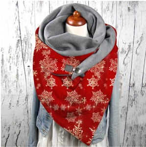 Detail of red Christmas scarf with gold snowflakes and a grey button fastener