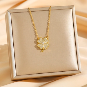 Luxurious 18k gold plated titanium four-leaf clover necklace with sparkling pave diamonds