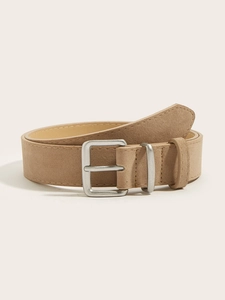 Close-up of vintage khaki suede waist belt with silver square buckle and stitched edges
