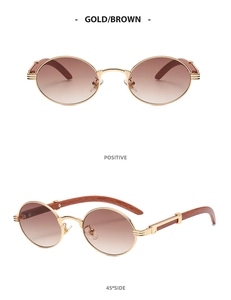 Front and 45-degree side views of round wood-grain sunglasses with gold metal frames