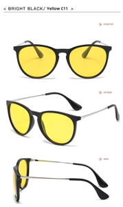 Three-way view of retro cat-eye sunglasses with bright black frame and yellow lenses