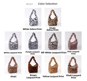 Detailed grid view of plush faux fur handbags with animal prints and ruched handles