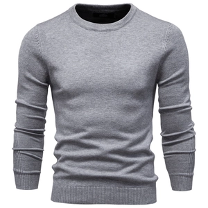 Men's slim fit crewneck knit sweater in classic grey with ribbed cuffs and hem details