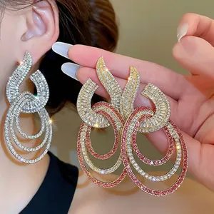 Elegant geometric hollow drop earrings with crystal pavé and silver needles for women