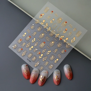 3D gold tulip nail stickers with rhinestones on red and white gradient false nails