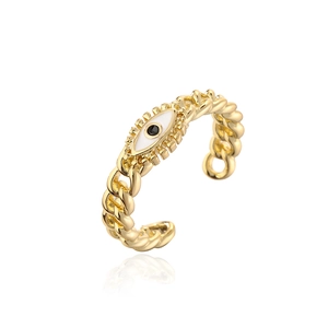 Close-up of gold evil eye ring with twisted rope texture and adjustable open band