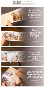 Macro view showing tearable watercolor scenery stickers with three-grid layout design