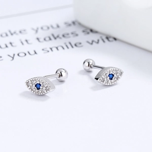 925 sterling silver evil eye screw back stud earrings with blue zircon and pavé crystals