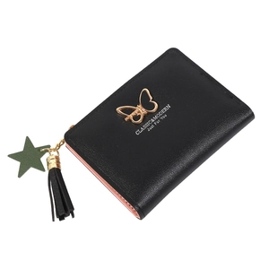 Short black PU leather wallet for women with golden butterfly and tassel pendant charm