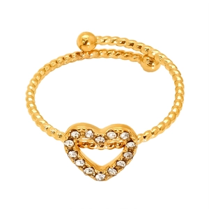 Adjustable golden heart ring with white zircons and twisted rope band on white background