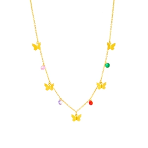 Goldene Halskette mit bunten facettierten Perlen und Schmetterlingsanhängern