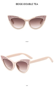 Front and side views of beige cat-eye children's sunglasses with purple glitter and tea lenses