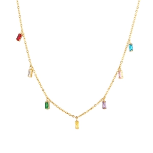 Gold chain necklace with colorful baguette-cut stones in a rainbow pattern