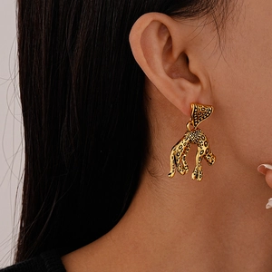 Close-up of golden leopard earrings showing vintage texture and hanging design on model