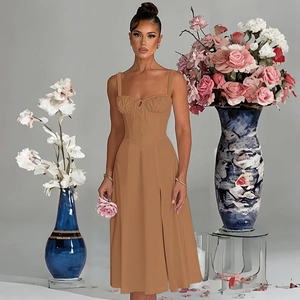 Detail of khaki slim fit midi dress with drawstring ruched bust and side slit feature