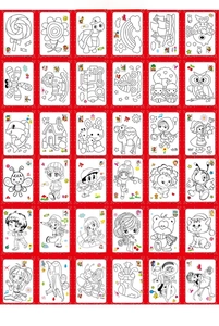 Grid view of 36 distinct DIY coloring cards with various animal and vehicle line drawings