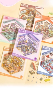 Detailed views of 18 isometric 3D scene stickers featuring cute library and shop designs