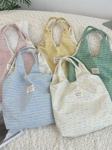 Woven Tweed Tote Bag Colorful Stripe Shoulder Handbag Large Capacity School Book Bag For Women Sweet Minimalist Style