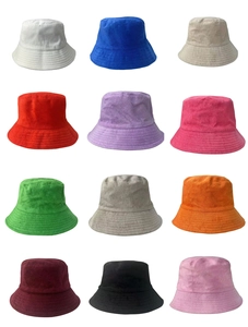 Grid view showing twelve vibrant colors of textured terry cloth bucket hats for autumn