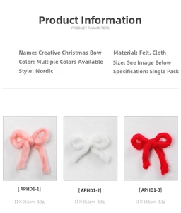 Close-up of handmade felt Christmas bow decorations in pink, white, and red Nordic style