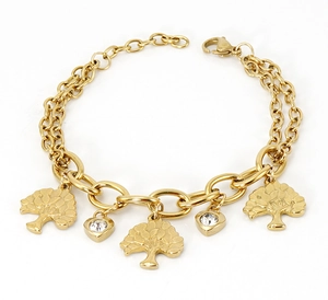 Detailed view of double-layer gold stainless steel bracelet with Tree of Life and heart charms
