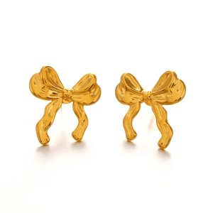 Elegant 18K gold-plated bow stud earrings with a matte finish on a clean white background