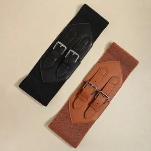 Black and brown wide elastic corset belts with double metal pin buckles for women