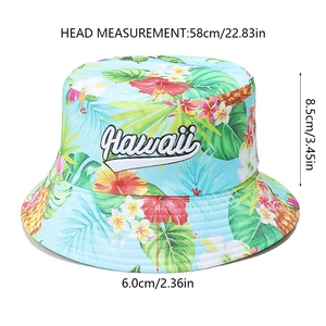 Detailed size chart for tropical floral bucket hat featuring Hawaii embroidery and dimensions