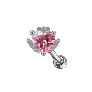 Silver stainless steel butterfly heart stud earring with pink zircon for girls