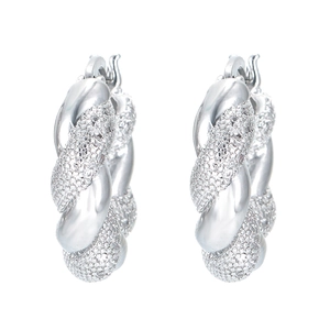 Silver twisted rope hoop earrings with micro-pave rhinestones for a vintage hip-hop style