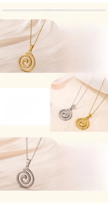 Close-up of vortex pendant necklace with 18K gold vacuum plating and metallic texture