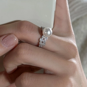 925 Sterling Silver Artificial Pearl Ring Zircon Open Adjustable Vintage Lightweight Luxury Elegant Jewelry For Women