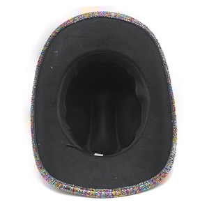 Detailed inner view of black felt cowboy hat with vibrant rainbow glitter brim finish